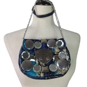White House Black Market Blue Silver Patchwork Croc Mirror Bling Bag Crossbody